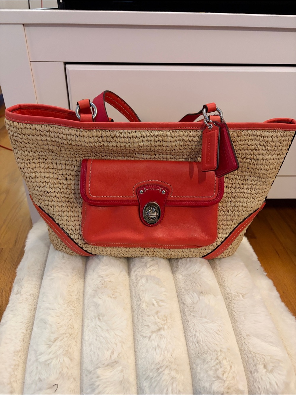 NWOT Coach Straw Tote with Red Leather Pocket and Trim